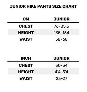 2026 GUL JUNIOR HIKE PANTS 0 Tabela rozmiarów